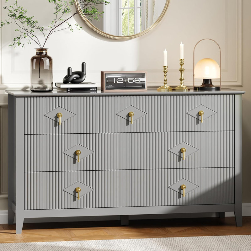 54" Wide Fluted 7-Drawer Modern Wooden Dresser, Gray