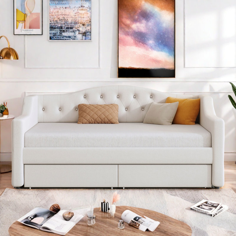 Lit de jour moderne rembourré avec ceinture à DEL, couchette et capitonnage à boutons, Double XL, Blanc