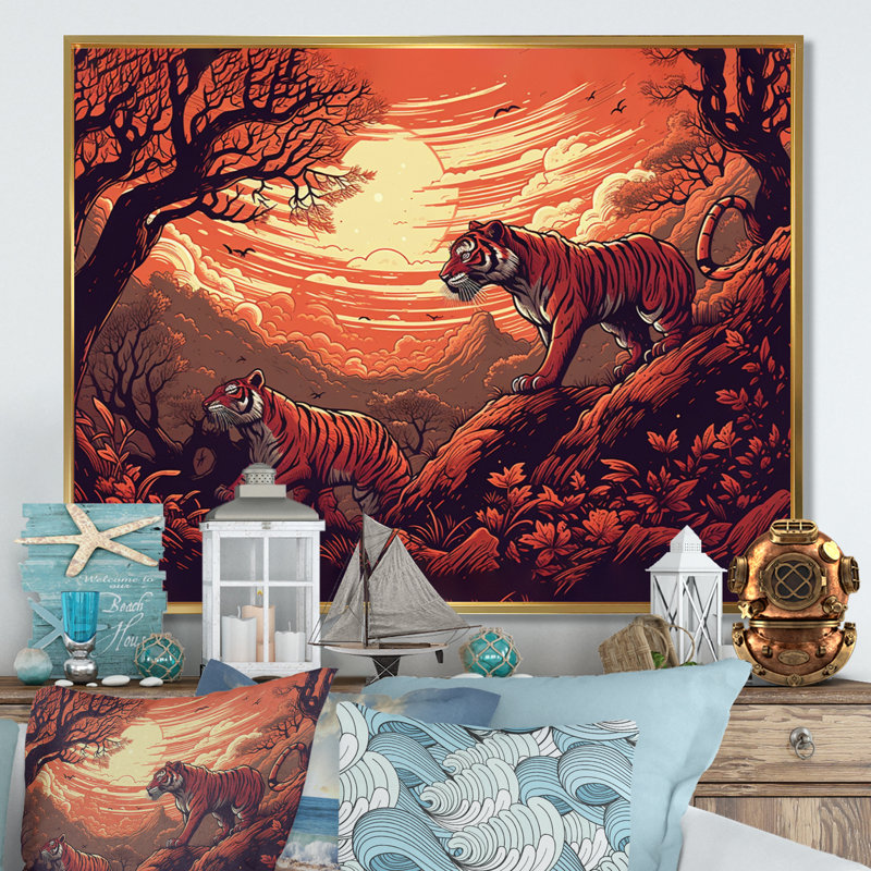 Orange et noir «Clash of Tigers II» sur toile, H 16 po x l 32 po x P 1 po, Cadre flottant doré