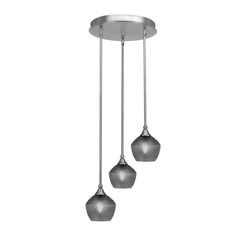 Nahili Empire 3 Light Stem Hung Cluster Pendalier With 6" Textured Glass, Brushed Nickel, Smoke, Black/Clear