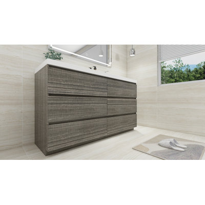 Évier de salle de bain autoportant Rheana 60 po avec lavabo en acrylique renforcé, évier droit