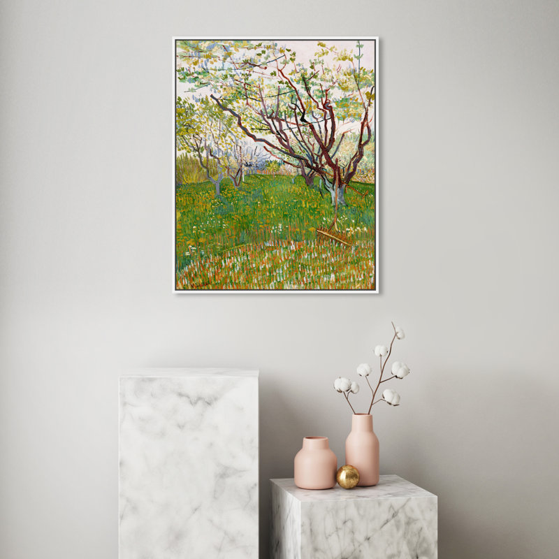 Van Gogh - Les arbres du verger en fleurs - Peinture sur toile, H 28 po x l 24 po, Toile blanche encadrée