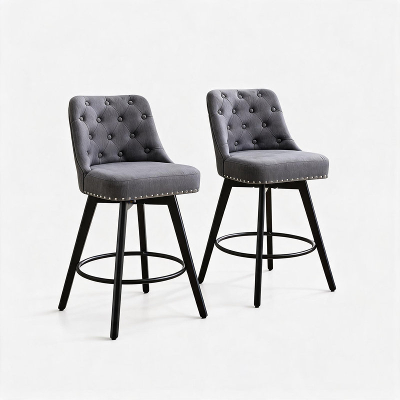Swivel Bar Stool Set of 2, Modern Gray Barstool, Counter Height Stool with Button Tufted Back, Footrest, Linen Upholstered Bar Chair Set for Kitchen, Island, Dining Room