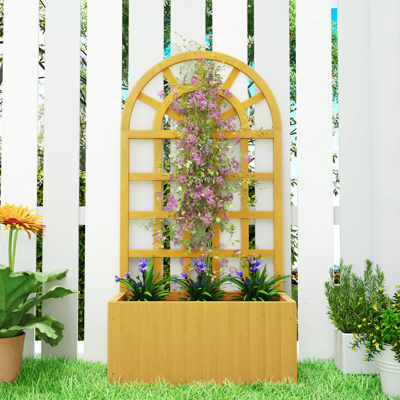 Lit de jardin surélevé en bois avec treillis en treillis pour plantes grimpantes
