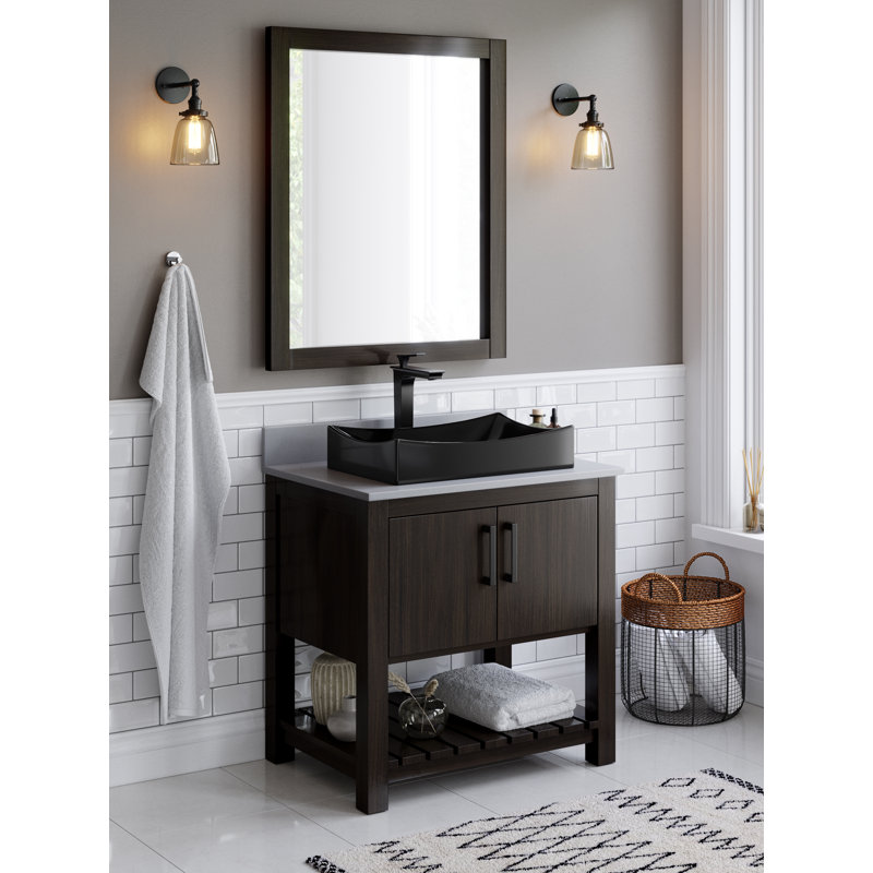 Meuble-lavabo simple 36 po avec comptoir en quartz gris, quincaillerie en nickel brossé et miroir, Noir mat
