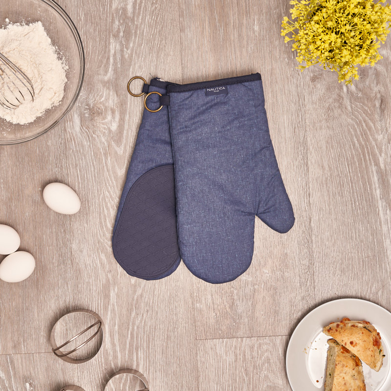 Navy Cotton Oven Mitts with Silicone Palm, Set of 2