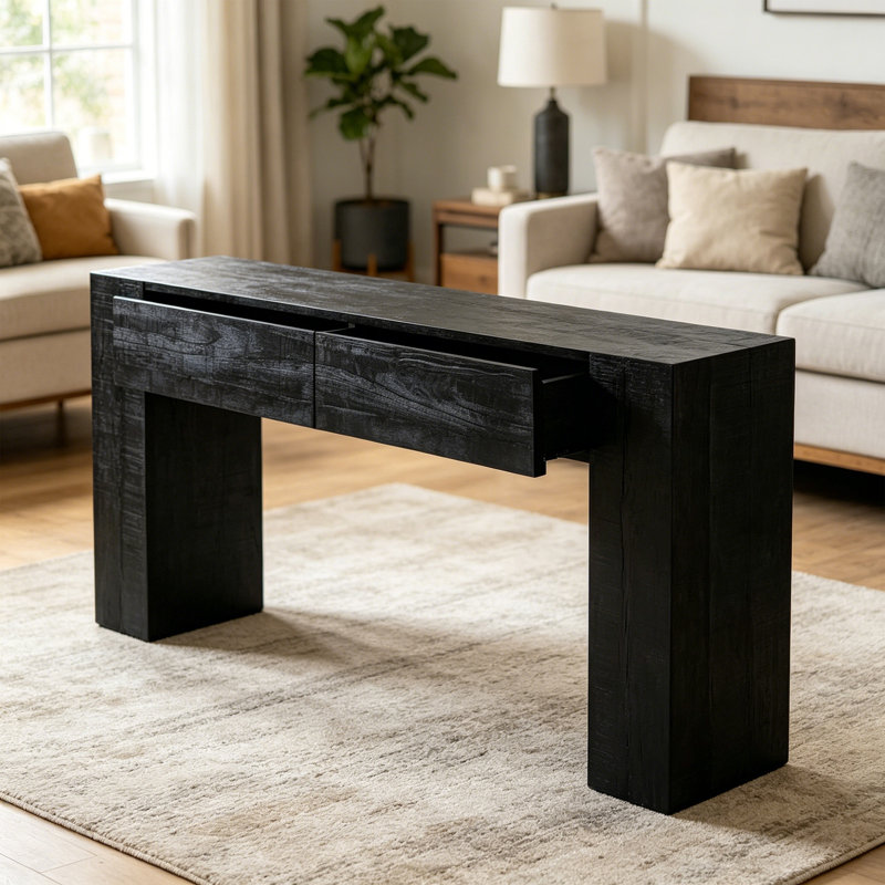 Console d'entrée en bois massif, H 29,53 po x l 55,12 po x P 11,81 po, Noir