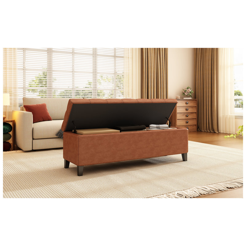 Repose-pieds rembourré capitonné avec rangement en cuir PU, brun cognac, banc rectangulaire avec cadre en pin et contreplaqué