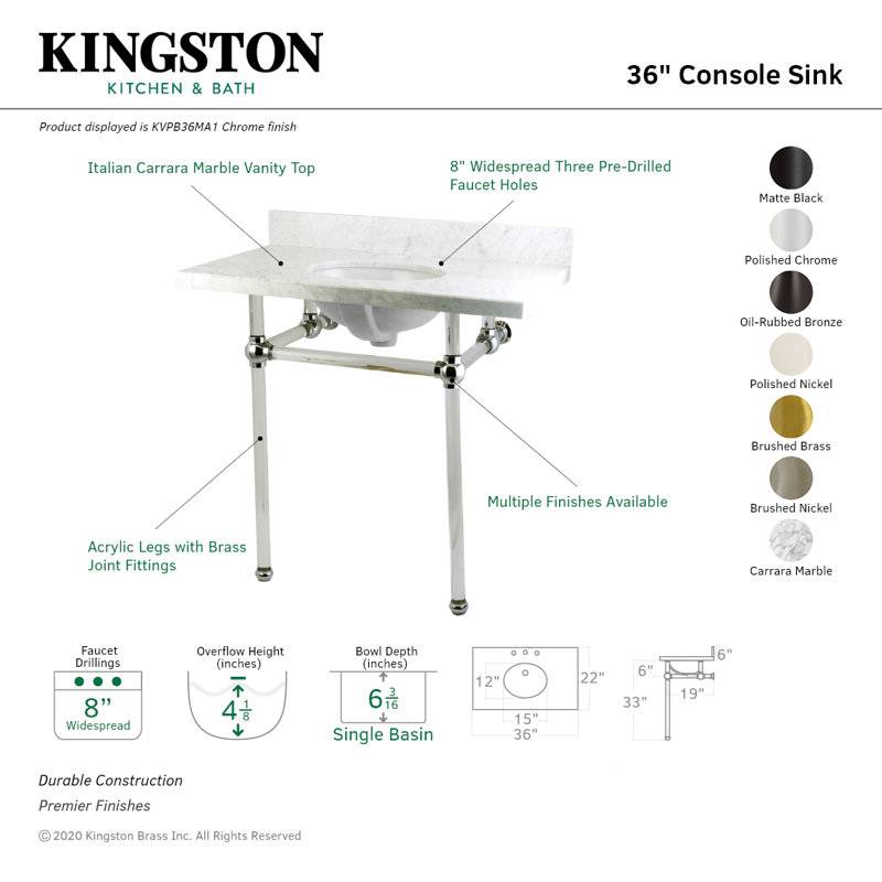Kingston Brass Templeton 36-Inch Vanity Top with Clear Acrylic Legs (8-Inch, 3-Hole), Carrara Marble/Brushed Nickel