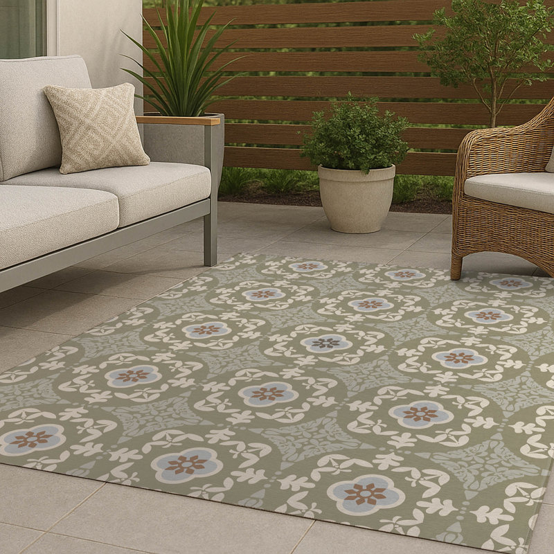 Edan Decorative Non-Slip Outdoor Are Rug, Rectangle 3' x 5', Green