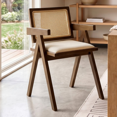 Mila Rattan Solid Wood Dining Chairs, Walnut