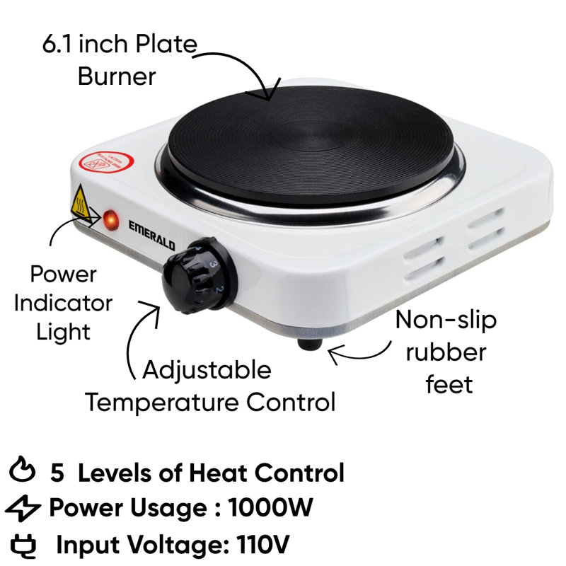 Emerald Compact & Portable, 1000W Electric Single Burner 6.1" Coil Less Plate Stovetop - White, White