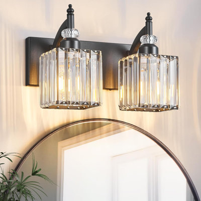 Luminaire de meuble-lavabo moderne en cristal avec abat-jour en cristal K9 et finition or noir pour installation sur miroir