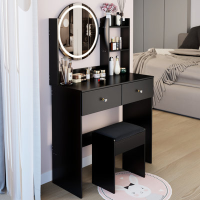 17" Round Led Vanity Table With Stool, Touch - Controlled 3 Color Adjustable Lighting, Large Desktop And Multi Layer Storage, Suited For Limited Office Spaces, American Style Designing, Black