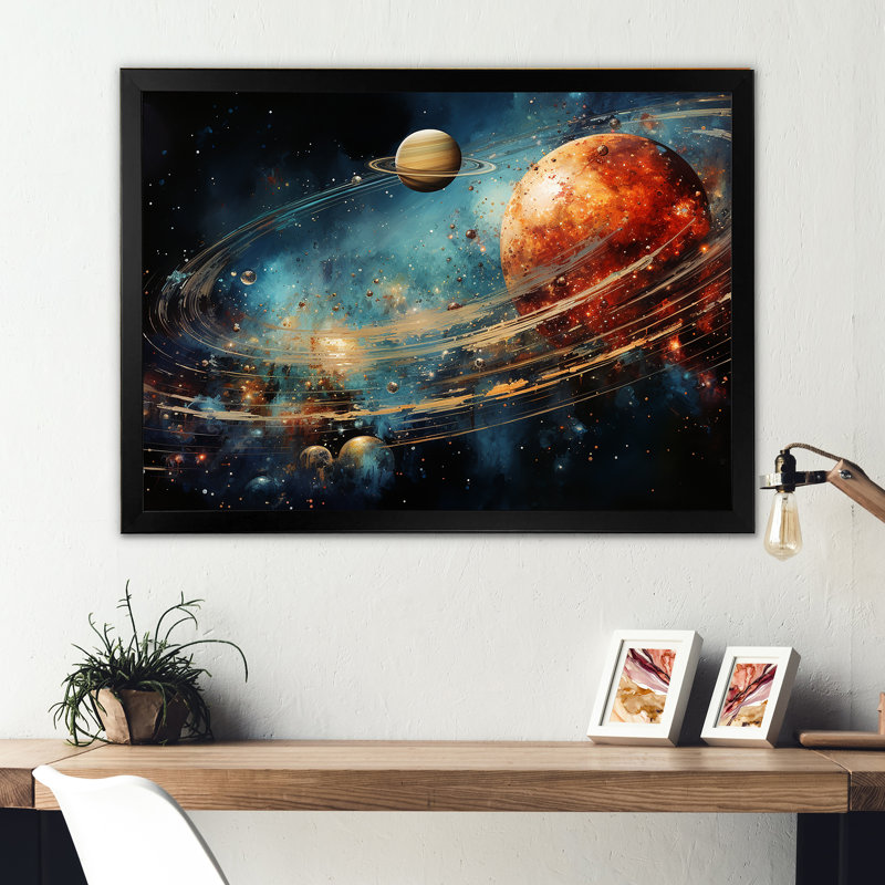Saturn Ruby Rings Orbiting Elegance - Notre système d'art mural de salon solaire, Cadre photo noir simple
