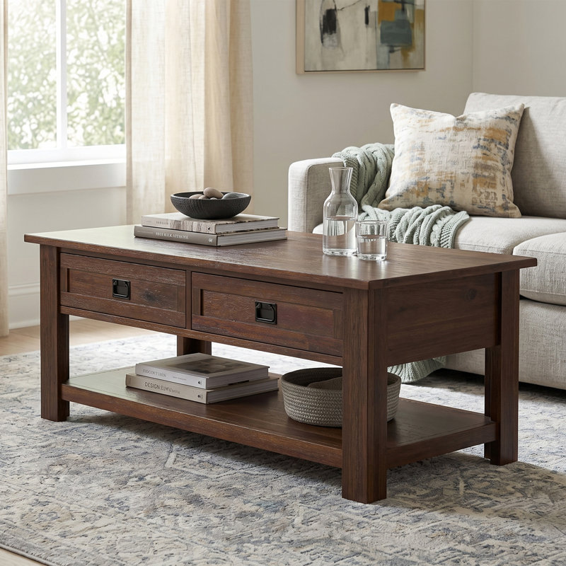 Table basse en bois d'acacia massif Monroe l 48 po avec 2 tiroirs et tablette ouverte