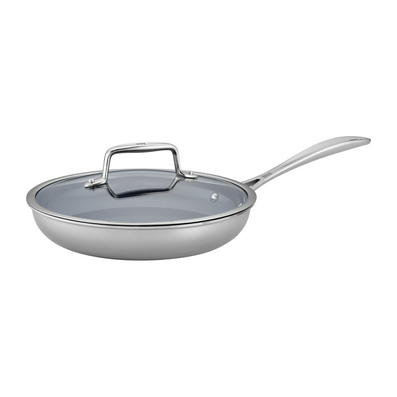 9.5-inch Silver Stainless Steel Ceramic Nonstick Fry Pan with Glass Lid
