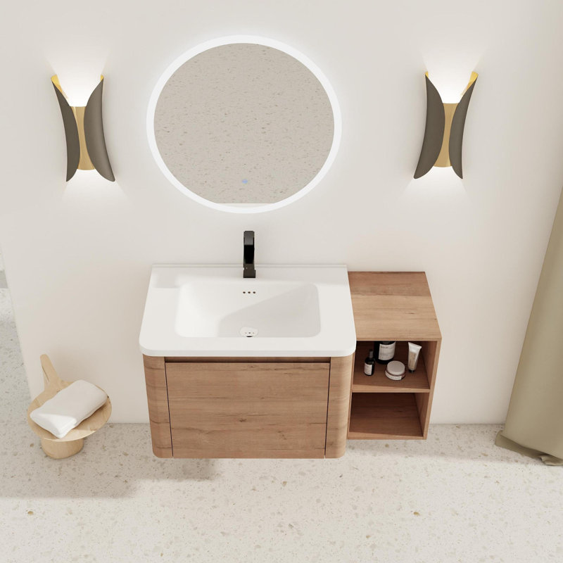 Meuble-lavabo mural avec lavabo en céramique blanche, tablettes de rangement et porte à fermeture en douceur, 40"