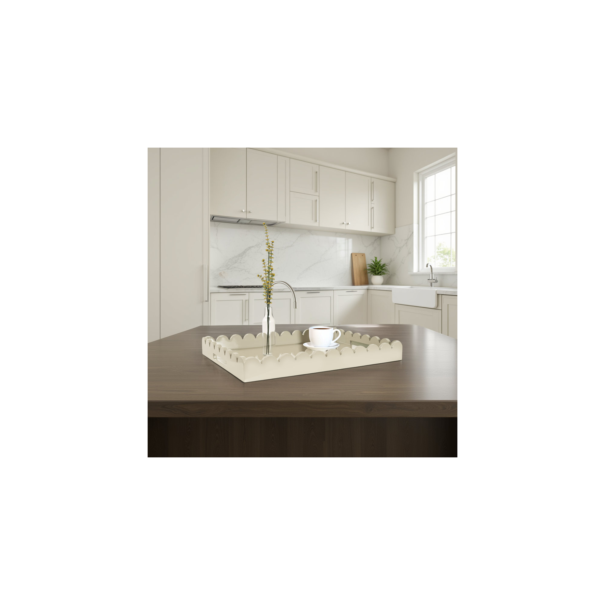 Hindley Hand-Crafted Rectangular Scalloped Wood Tray, Gray