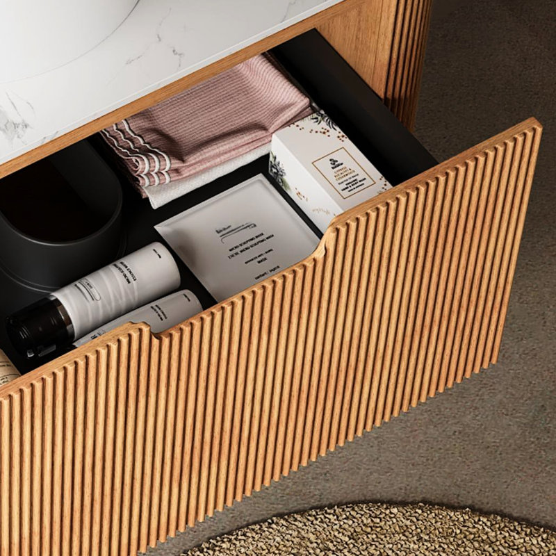 Armoire de salle de bain murale 30 po avec comptoir en marbre artificiel blanc, poignée de tiroir rainurée pour une utilisation et une ouverture faciles, couleur naturelle, structure en contreplaqué sans effort