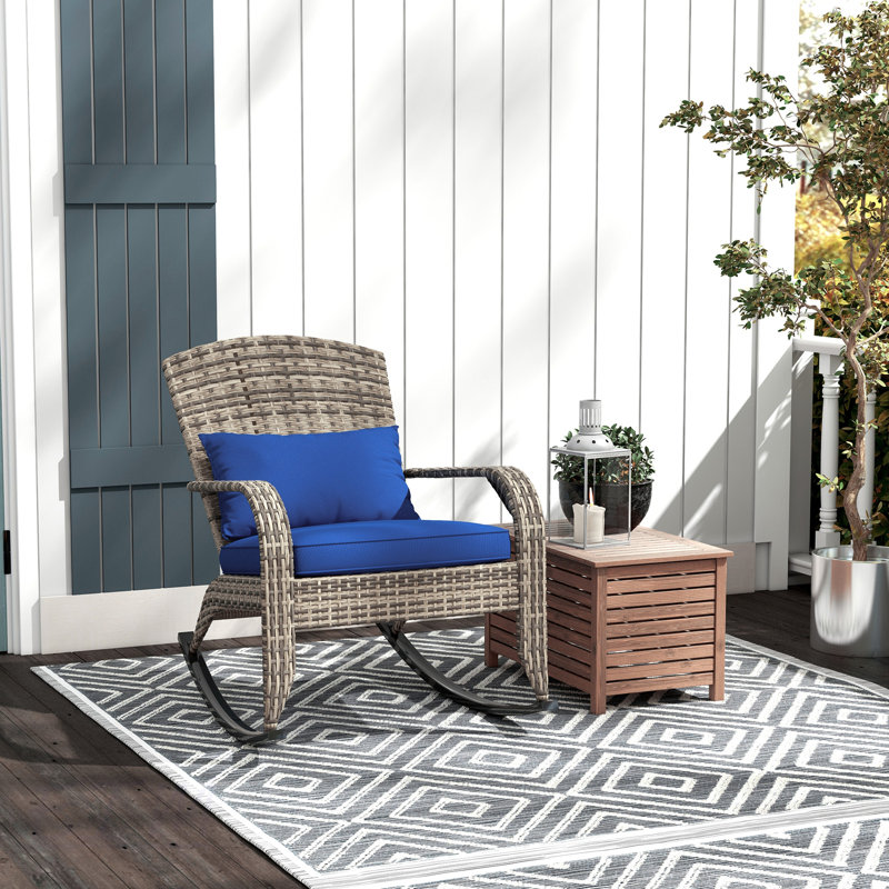 Outdoor Wicker Adirondack Rocking Chair, Patio Rattan Rocker Chair With High Back, Seat Cushion, And Pillow For Garden, Porch, Balcony