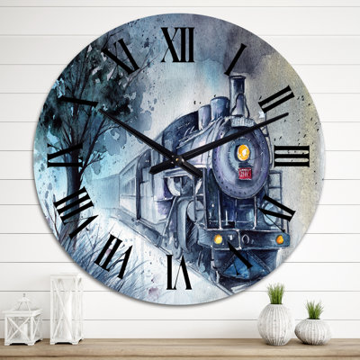 Une locomotive à vapeur en couleurs gris-vert avec de l'herbe - horloge murale industrielle