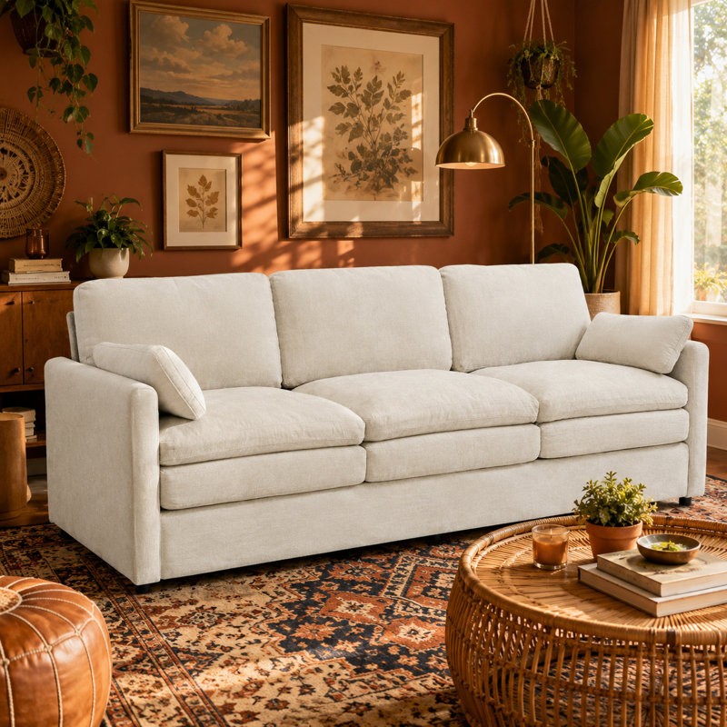 Causeuse de salon rembourrée en tissu chenille moderne et minimaliste, Beige, H 32,72 po x l 89,02 po x P 33,03 po