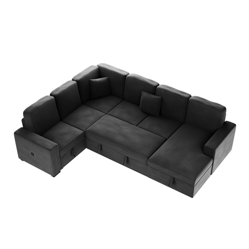 Modern Design 4Pc Convertible Sectional Storage Compartment Matching Pillow Pull Out Bed USB Port Corduroy Upholstered Black Finish Primary Living Room