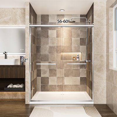 Aluminum Frame Double Sliding Shower Door, 60" Width, 72" Height, 1/4"  6Mm  Tempered Glass With - Proof Film, Waterproof Design And Reversible, Bathroom Tall Door 6Mm Clear Shatter Corrosion