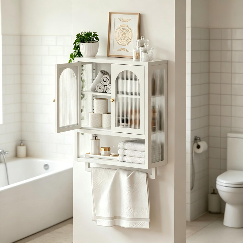 Armoire murale avec portes cannelées en verre, tablette réglable et porte-serviettes pour la salle de bain et la cuisine