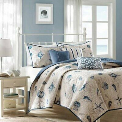  Beige/Blue Microfiber 6 Piece Coverlet Set