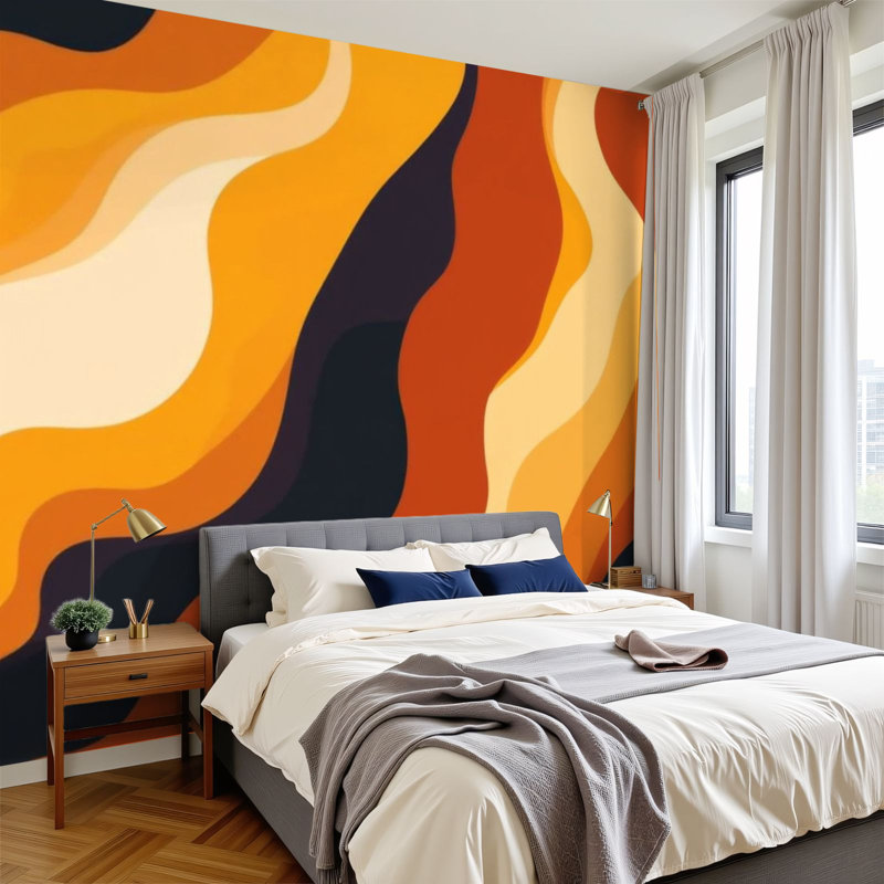 Papier peint adhésif auto-adhésif moderne l 144 po x H 100 po pour chambre à coucher Vagues colorées abstraites jaune orange brun rétro tendance des années 60