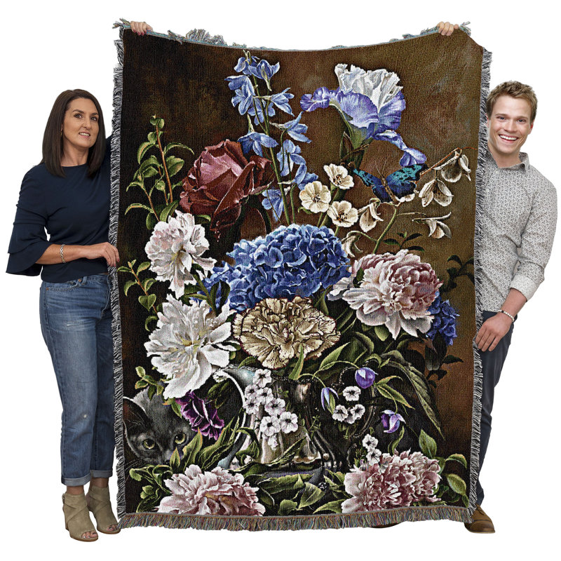 Pure Country Weavers Bouquet in Blue Blanket by Nene Thomas - Gift for Cat Lovers - Tapestry Throw Woven from Cotton - Made in The USA (72x54)