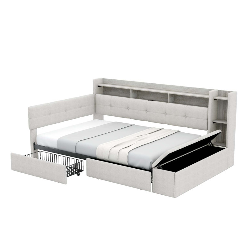 Lit de jour rembourré moderne avec deux tiroirs de rangement et caractéristiques techniques intégrées, Beige
