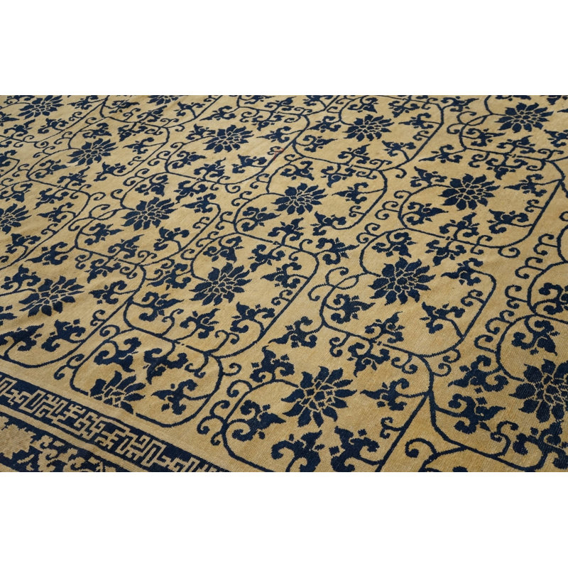 Exciting Ivory Background Geometric Blue Floral Design Antique Chinese Peking Rug