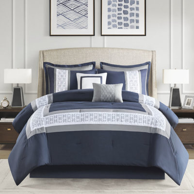 Édredon bleu marine - très grand, 8 pièces, édredon, coussins décoratifs à détails brodés