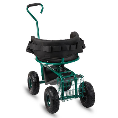 Green Rolling Garden Cart With Cushioned Backrest & Seat