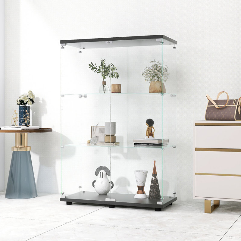 Two-Door Glass Display Cabinet With Door, Floor Standing Curio Bookshelf