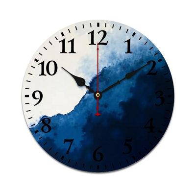 Deep Blue Ink Wash Round Decor Wall Clock 12in x 12in, for Kitchen & Terrace