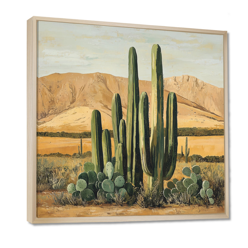 Cactus et les montagnes du désert IV - cactus, art mural, H 30 po x l 30 po, Impression encadrée flottante, Crème, crème