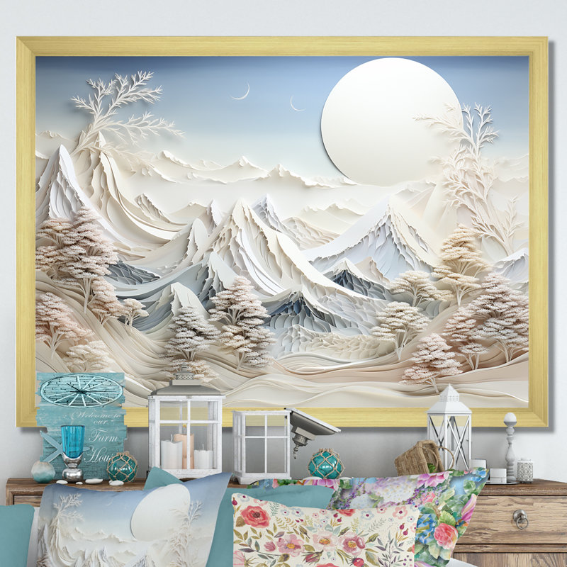 «Abstract Snowy Winter Mountains IV - Abstract Landscape», art mural, Cadre doré à coins fermés, H 12 po x l 20 po x P 1 po
