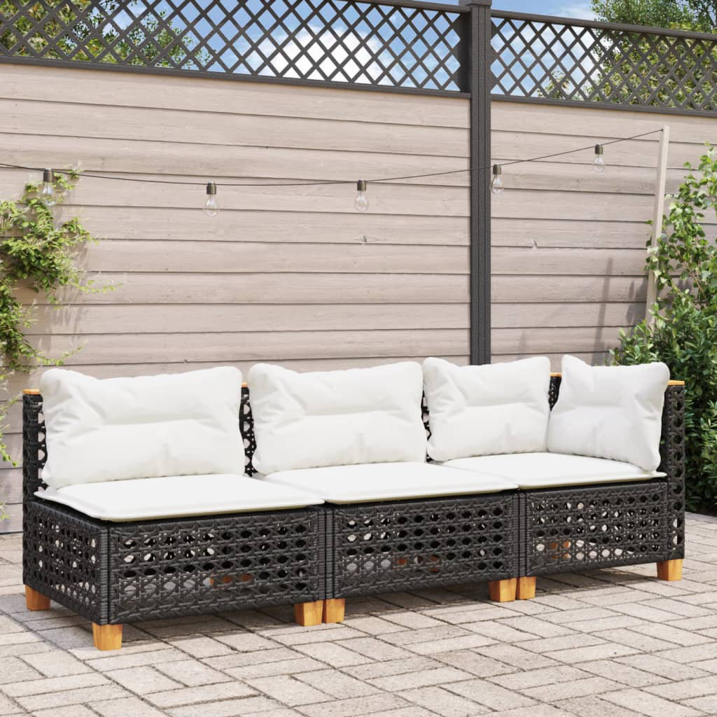 Gartensofa mit Kissen 2-Sitzer Schwarz Polyrattan