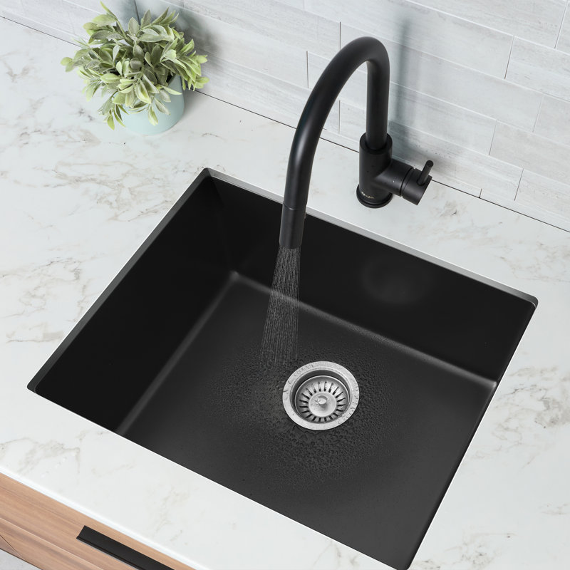 Évier de cuisine à double cuve en composite de granite avec crépine 22 po avec crépine Pietra, Noir