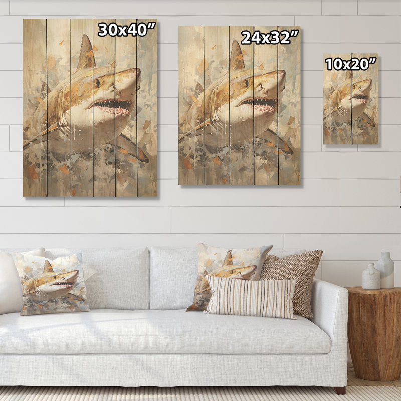 Minimalism Shark Painting In Golden Beige I - Shark Wood Art On Natural Pine Wood, 20" H x 10" W