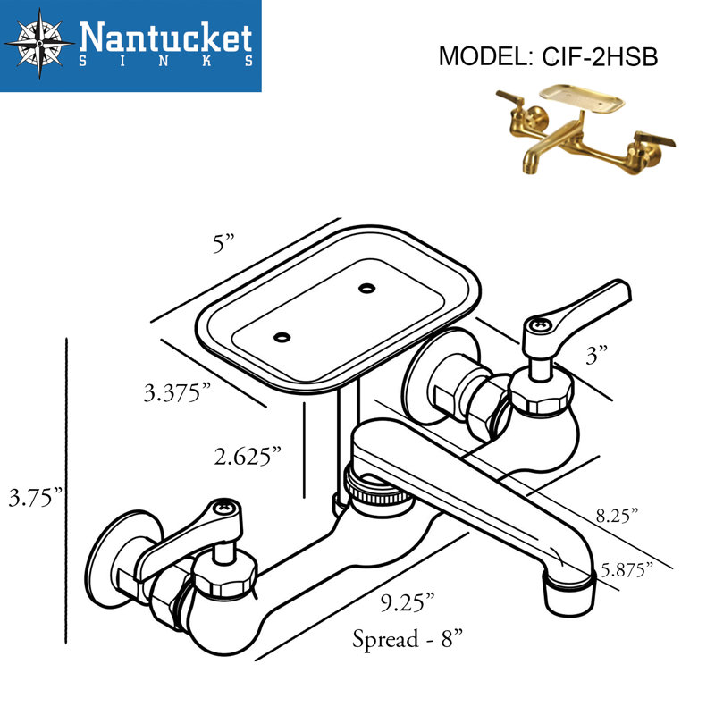 8 Inch Spread Wall Mount Faucet with Soap Dish, Satin Brass