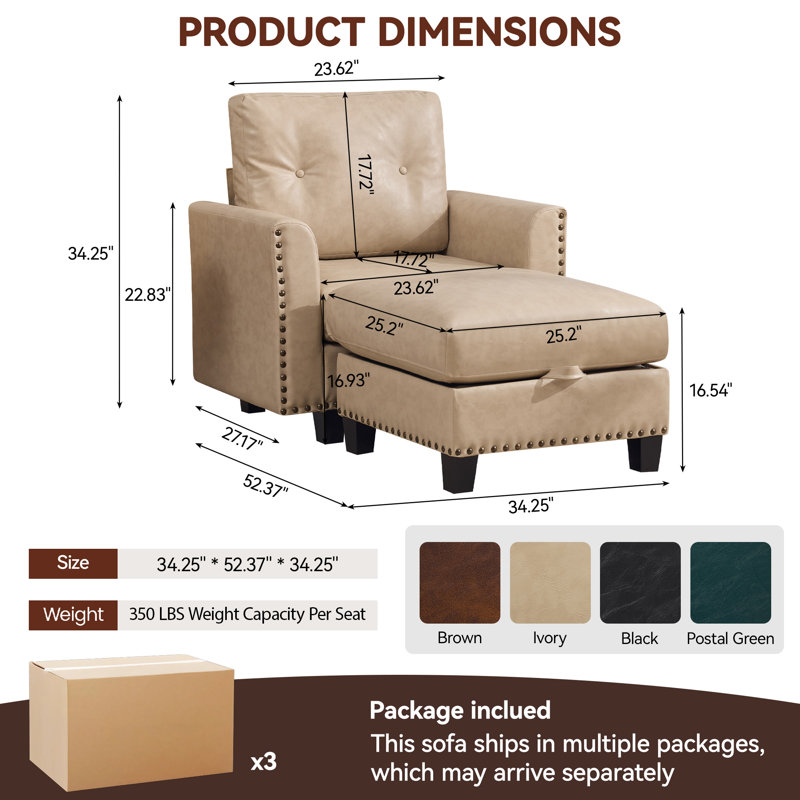 Canapé modulaire en similicuir avec repose-pieds de rangement, 1 Seat + 1 Ottoman, Ivoire ivoire
