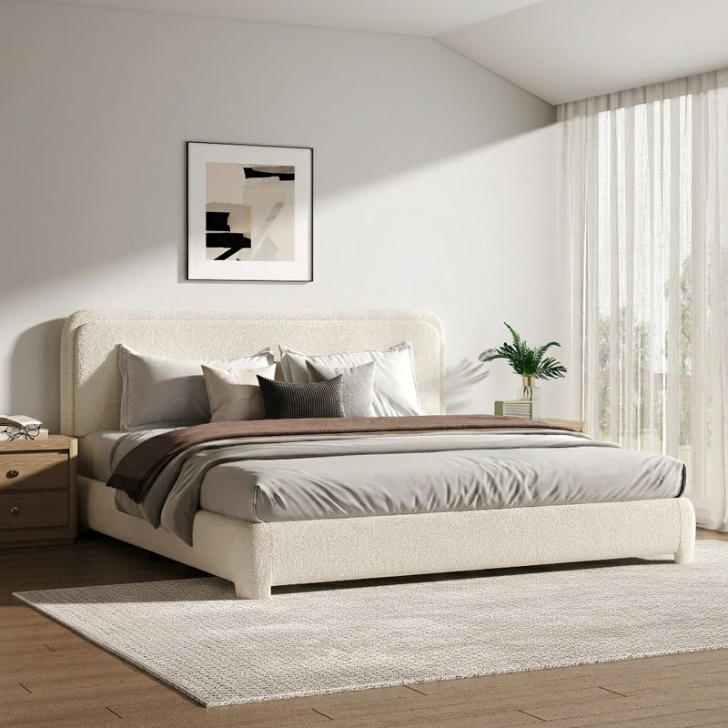 Lit plateforme tapissier Bensu Boucle, Très grand lit, Crème