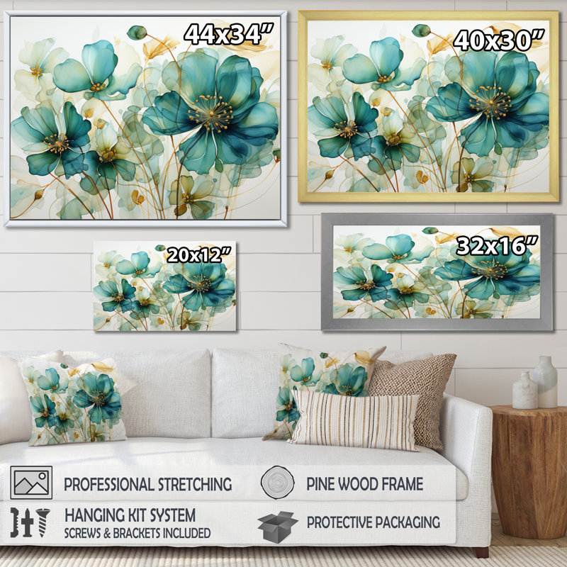«Teal Green Organic croissance - Abstract Botanicals», art mural, H 16 po x l 32 po x P 1 po, Encadrement argenté