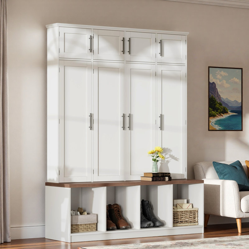 Farmhouse Hall Tree With 4 Hidden Hanging Hooks, Seating Bench, Storage Cabinet And Open Compartment, White