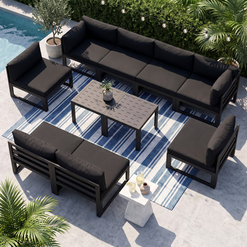 Ensemble de conversation modulaire d'extérieur en aluminium pour 8 personnes avec coussins et table basse Gillean, Noir, Gris